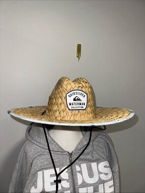 QUICKSILVER L/XL MEN’S WATERMAN COLLECTION STRAW HAT BLUE BRIM lining Wide Brim